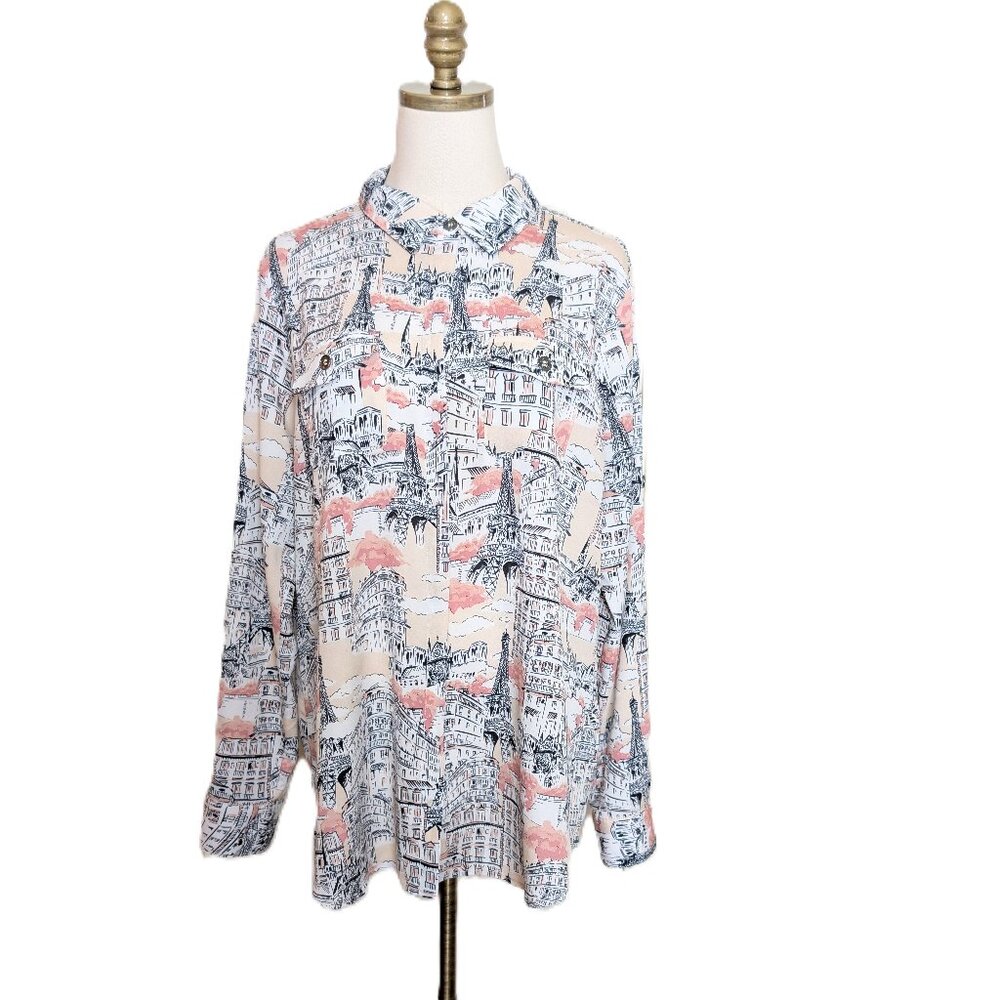 Karl Lagerfeld Paris Blouse Shirt Size L Beige Paris Scenes Button Up Collar
